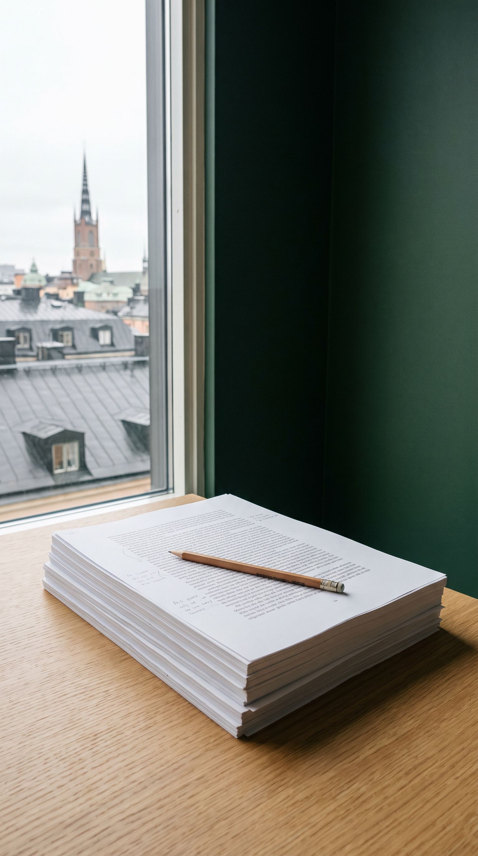 A printed manuscript with pencil notes on a desk, with Riddarholmen's spire through the window